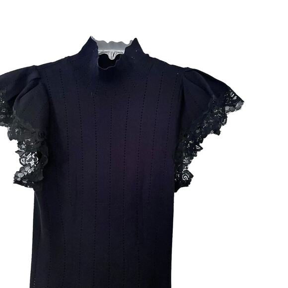 Rebecca Taylor Black Pointelle Knit Lace Trim Mock Neck Sweater Dress Size M - Picture 4 of 13